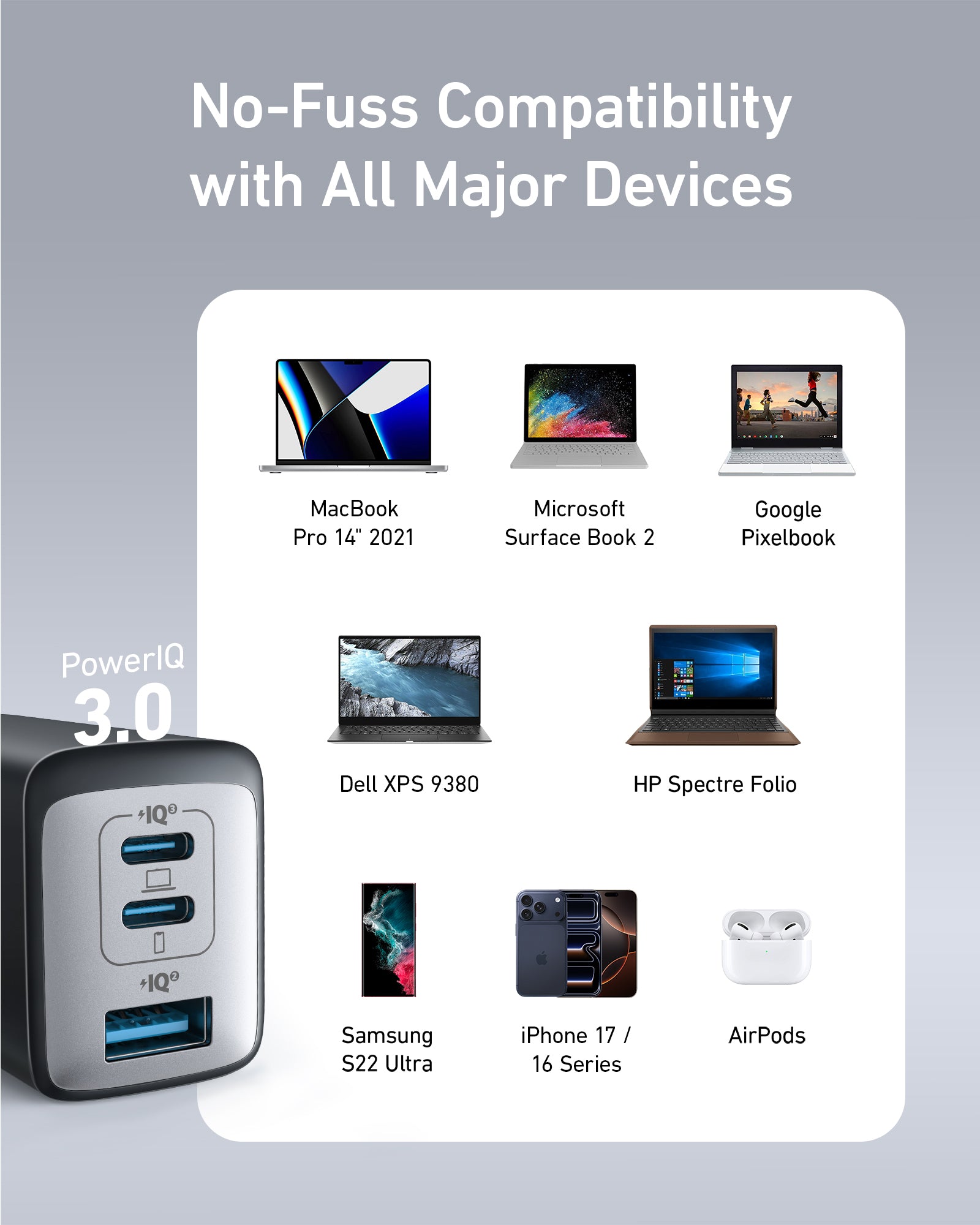 Power adapter with multiple device compatibility on a gray background