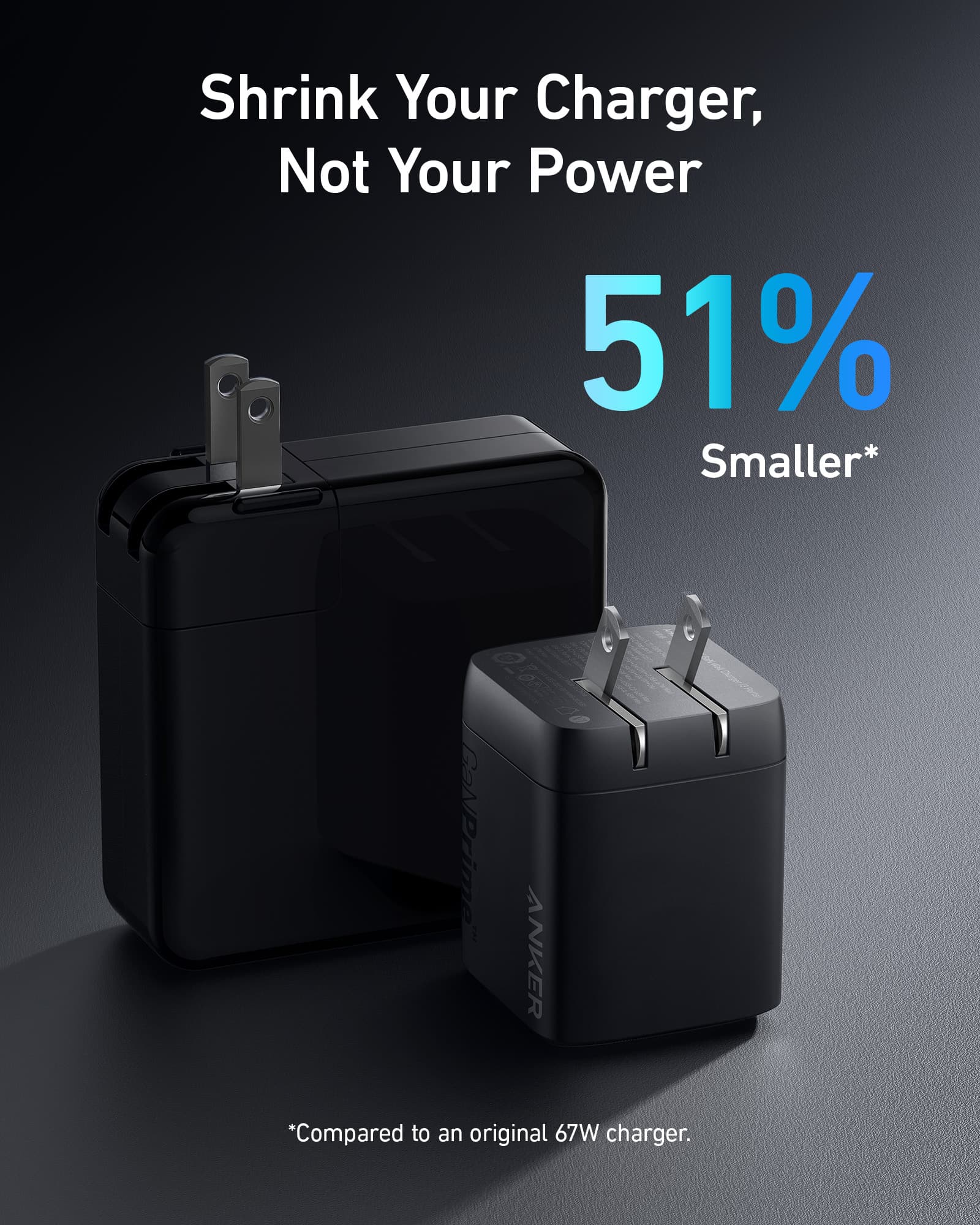 Two black chargers with text indicating a 51% reduction in size compared to an original charger.