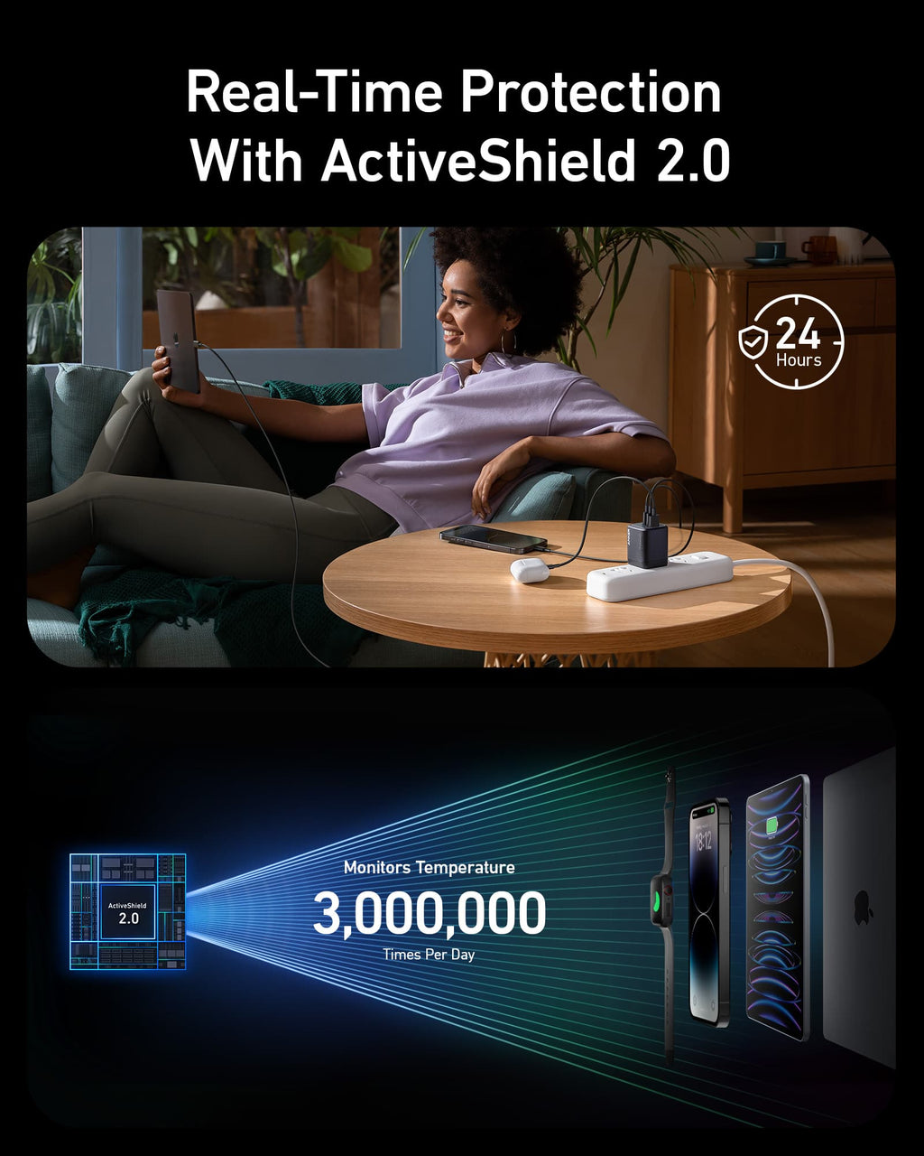 Person using a laptop with a device on a table, featuring ActiveShield 2.0 text.