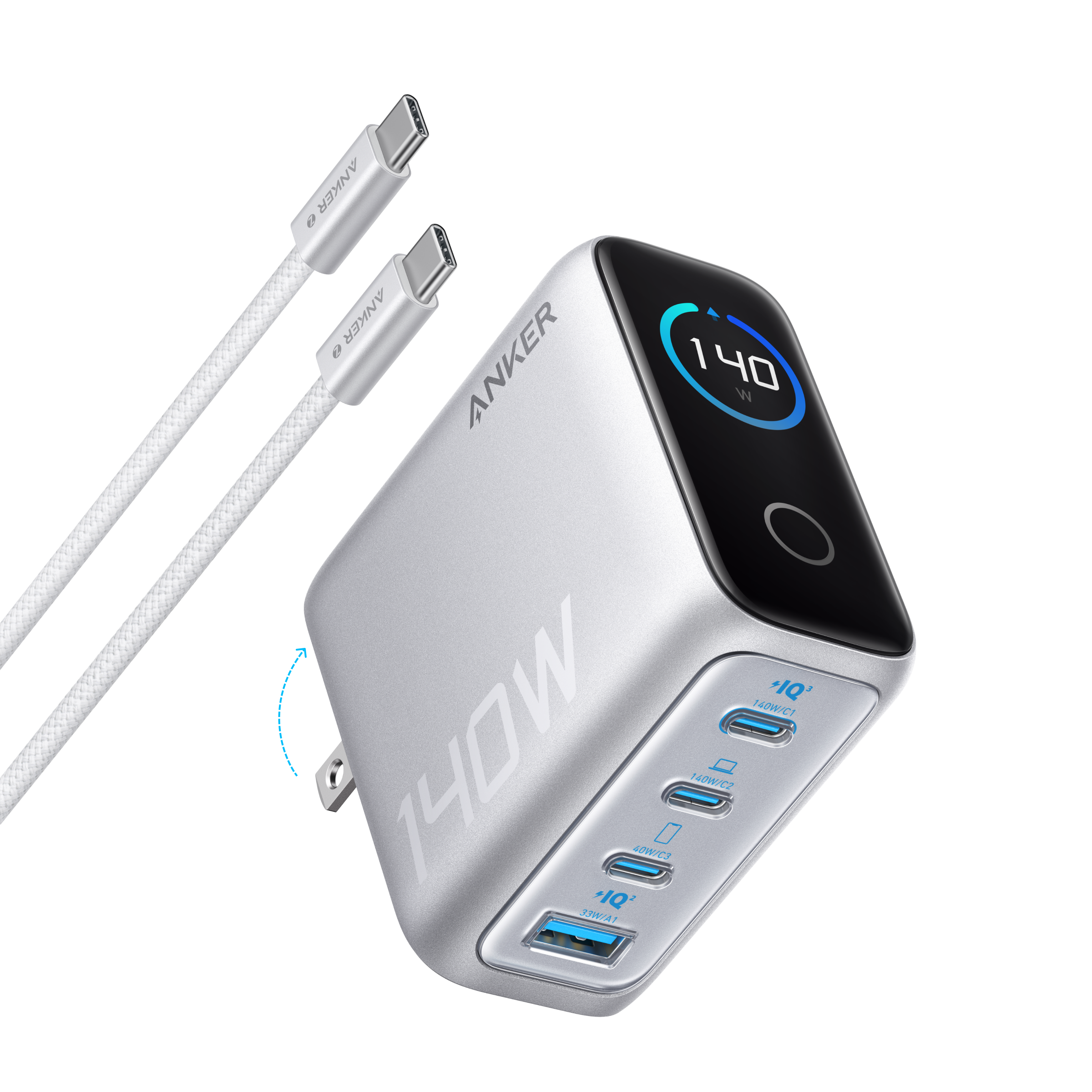 Anker power bank with multiple USB ports and a cable on a white background