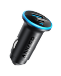 Black car charger with blue accents on a white background