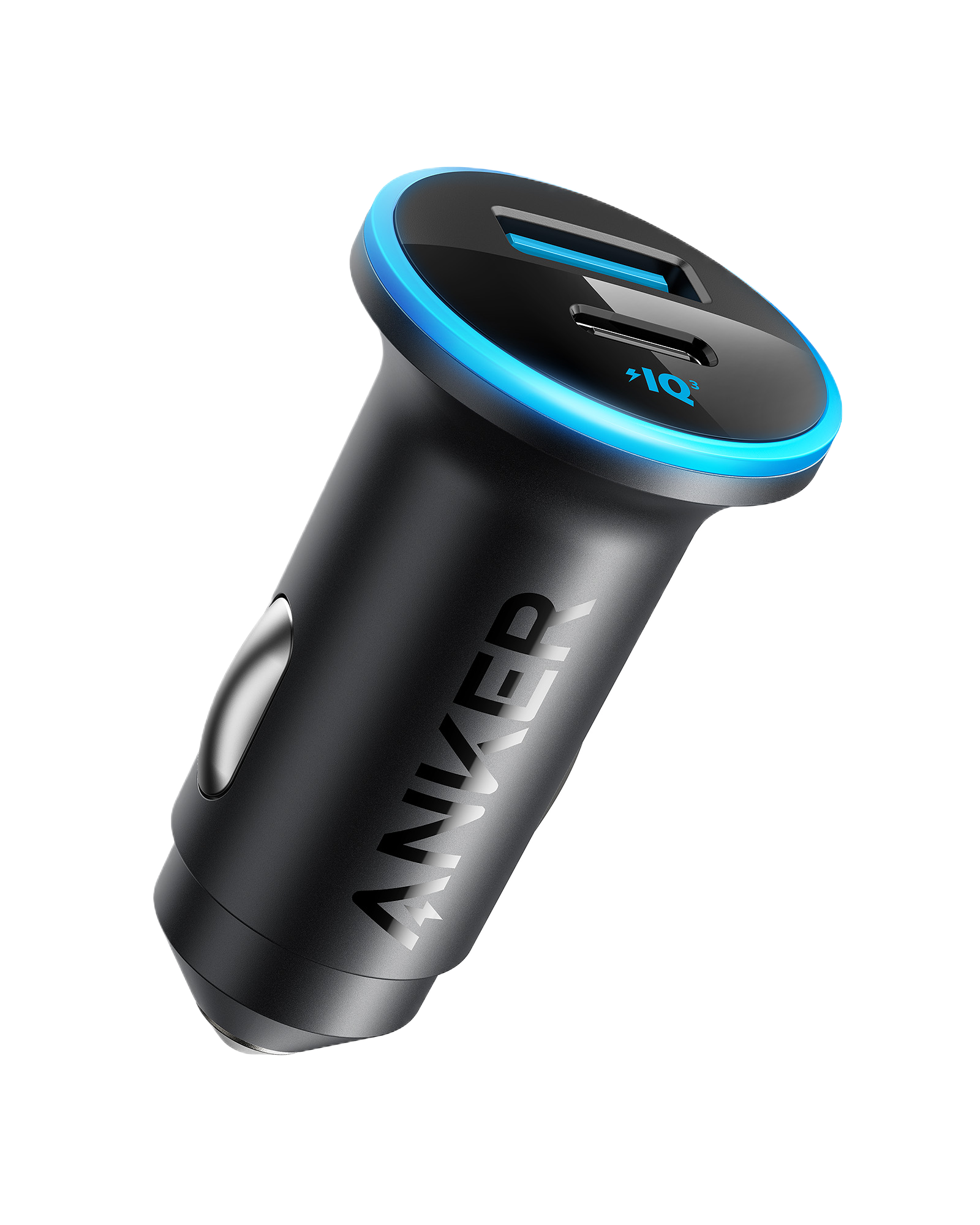 Black car charger with blue accents on a white background