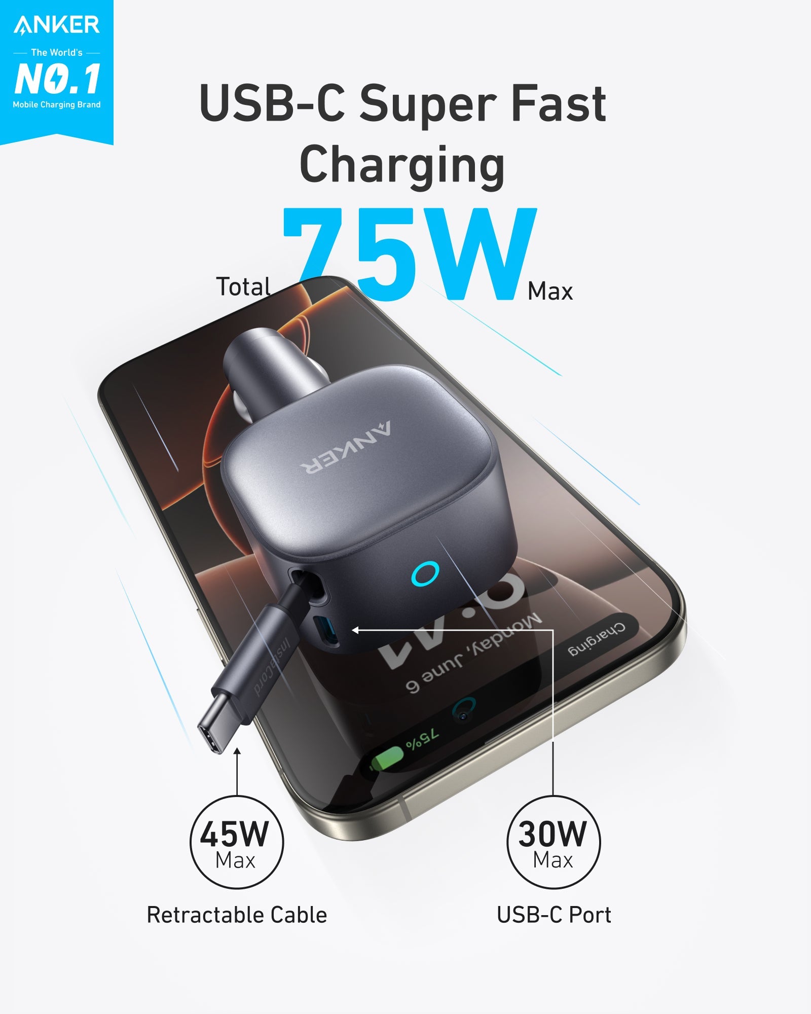 Anker USB-C charging adapter with smartphone on a white background