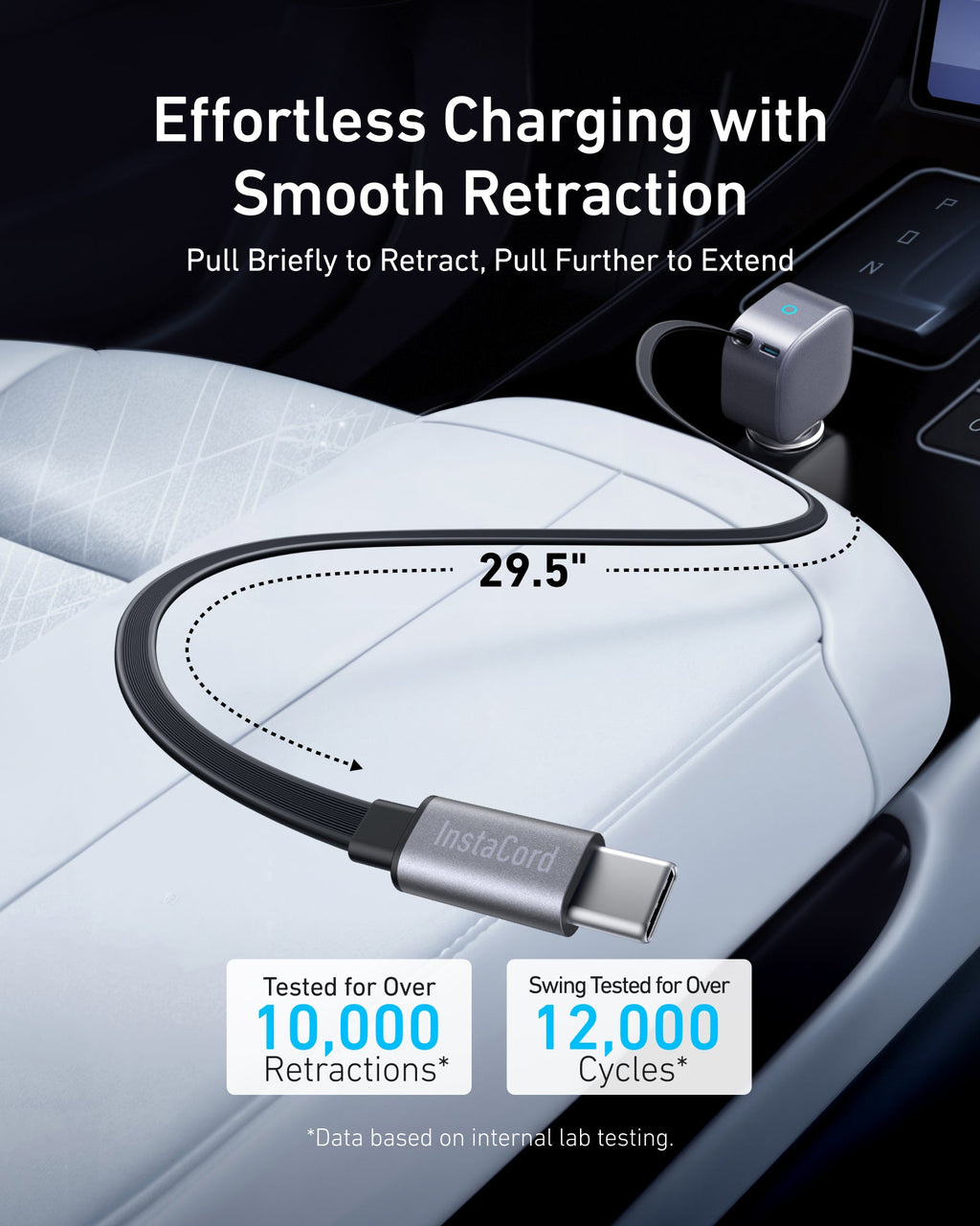 Car charger cable with extension feature on a car dashboard background