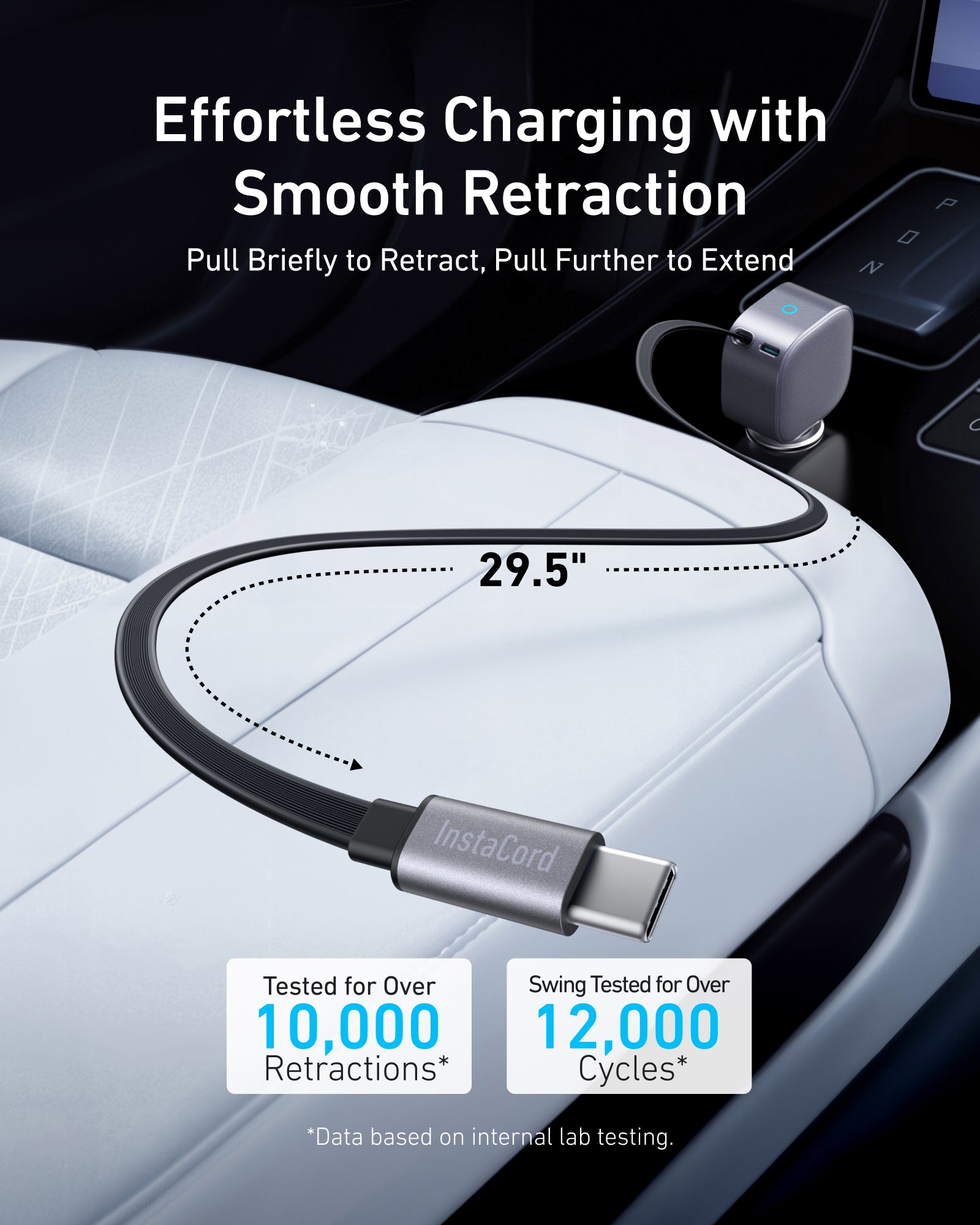 Car charger cable with extension feature on a car dashboard background