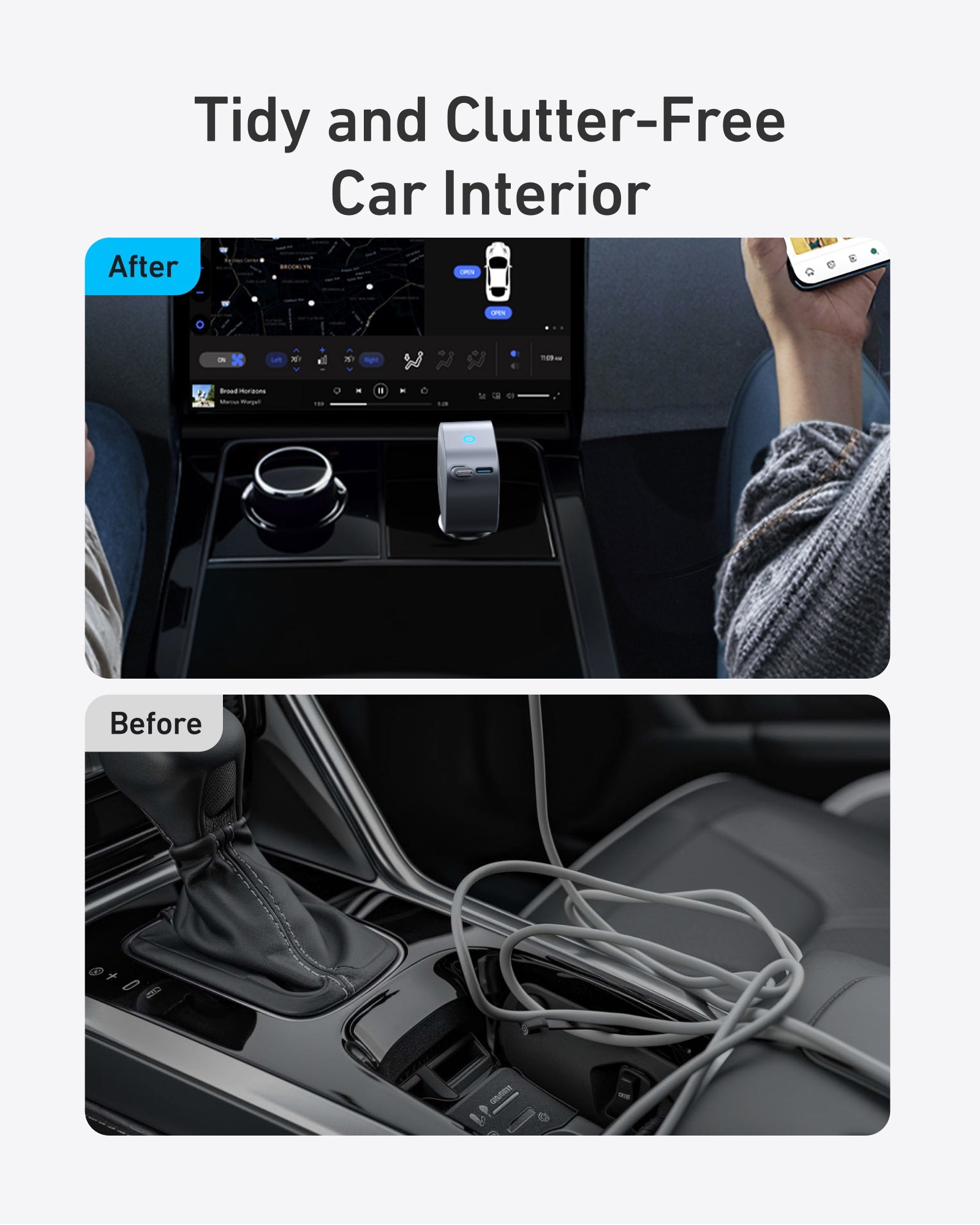 Comparison of a car interior before and after tidying up, with a focus on a tidy dashboard.