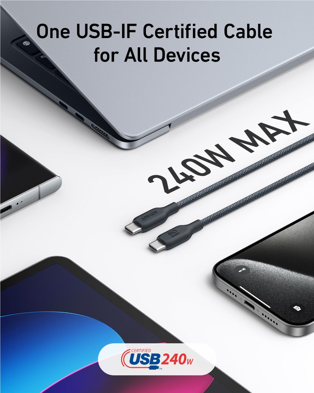 USB cable with devices on a white background, featuring USB240W certification.