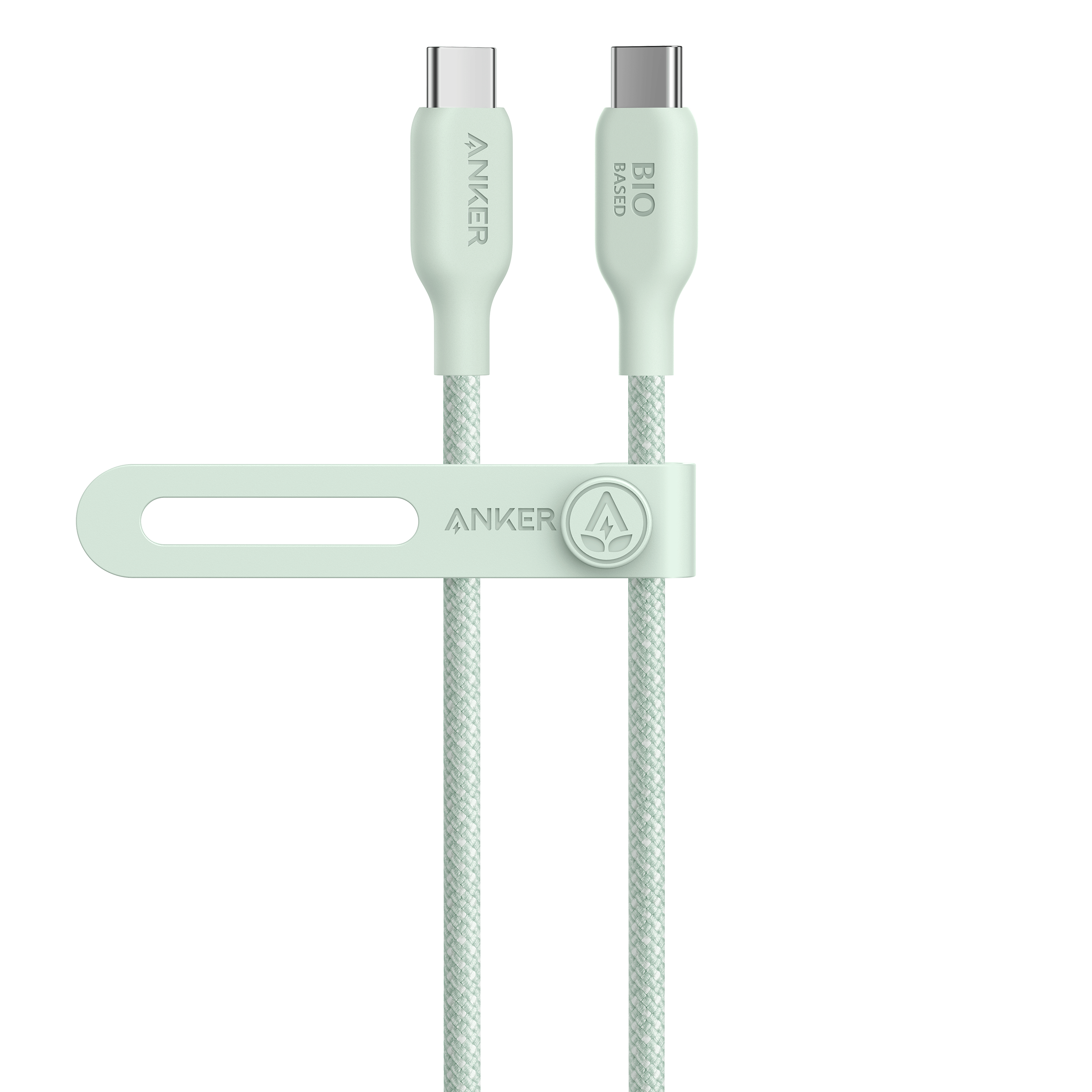 Light green Anker cable with braided design on a white background