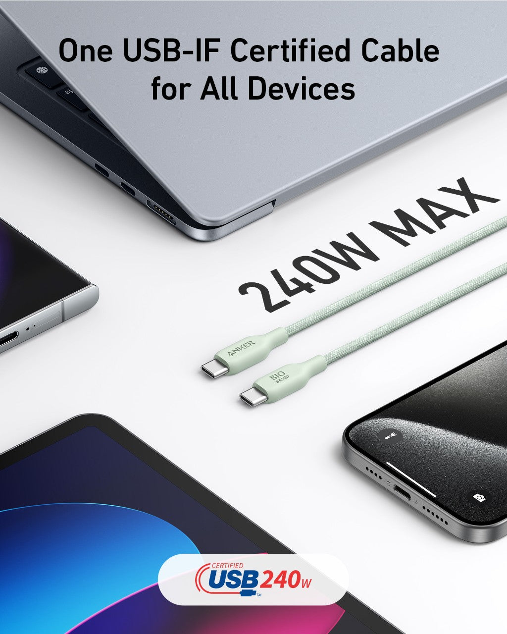 USB cable with '240W MAX' text and multiple electronic devices on a white background