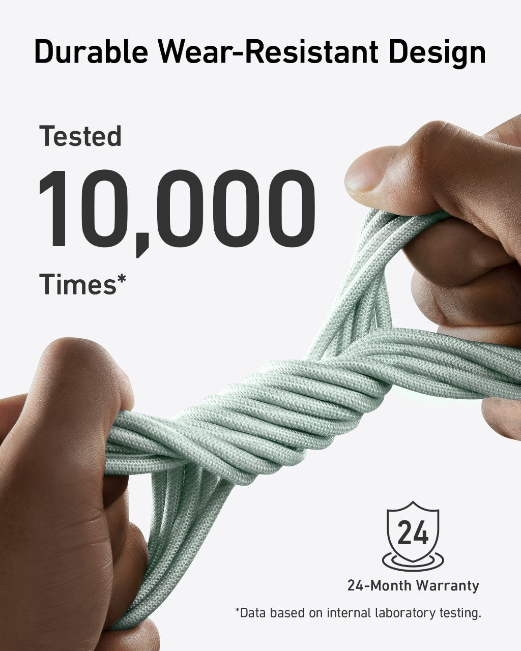 Hands pulling on a durable cord with text about wear-resistance testing and warranty.