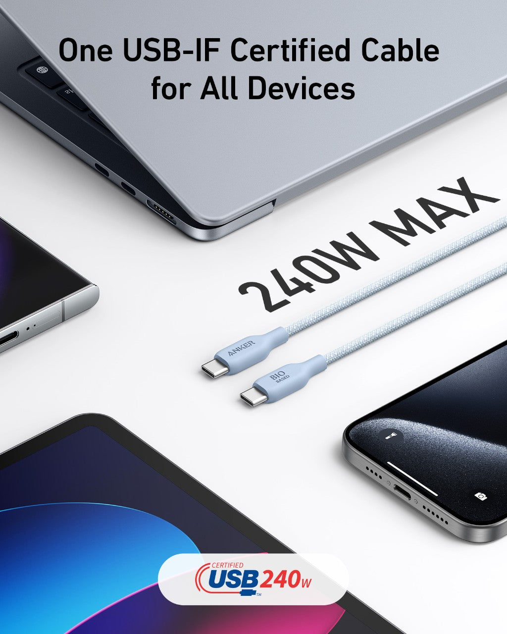 USB cable with '240W MAX' text and multiple devices on a white background