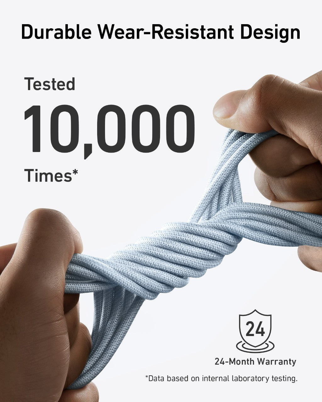 Hands pulling on a durable cord with text about wear-resistance testing and warranty.
