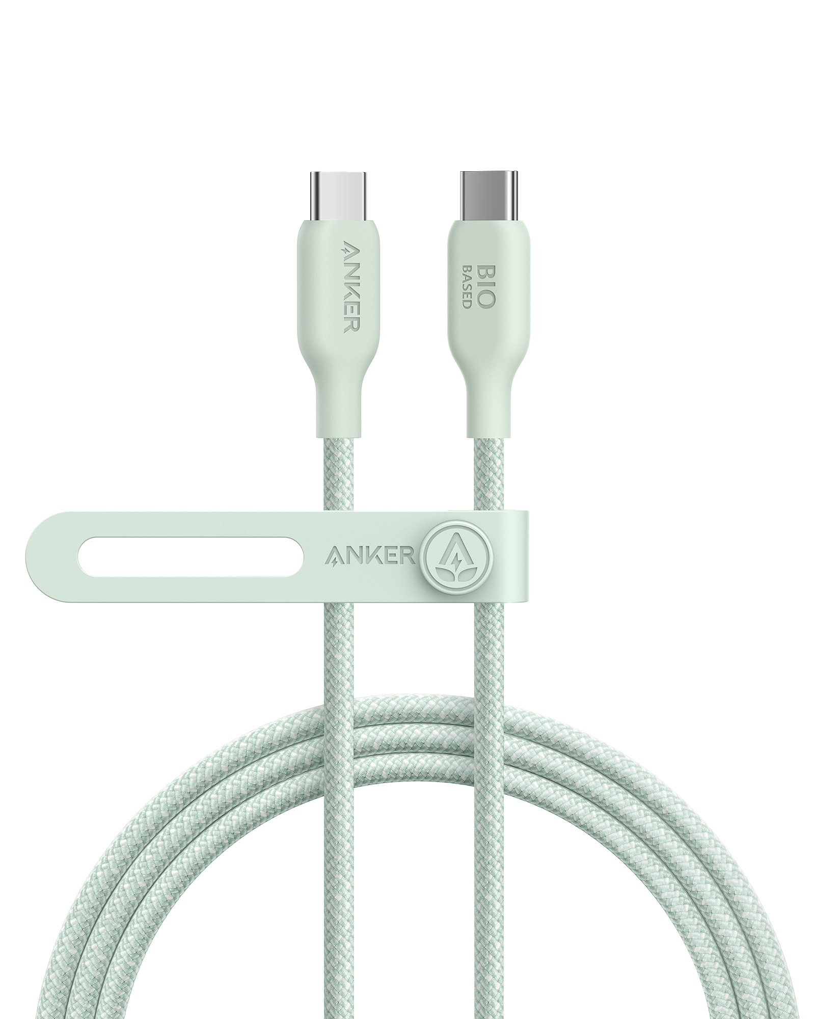 Light green Anker cable with USB-C connectors on a white background