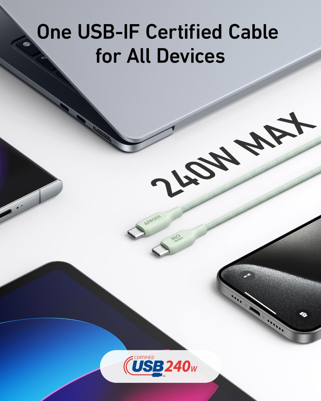 USB cable with '240W MAX' text and 'USB 240W' logo on a white background