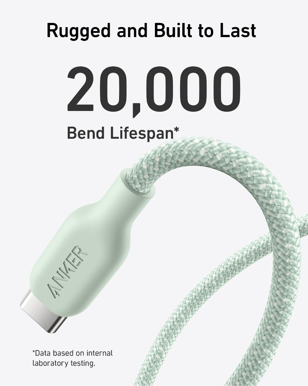 Mint green cable with text about bend lifespan on a white background
