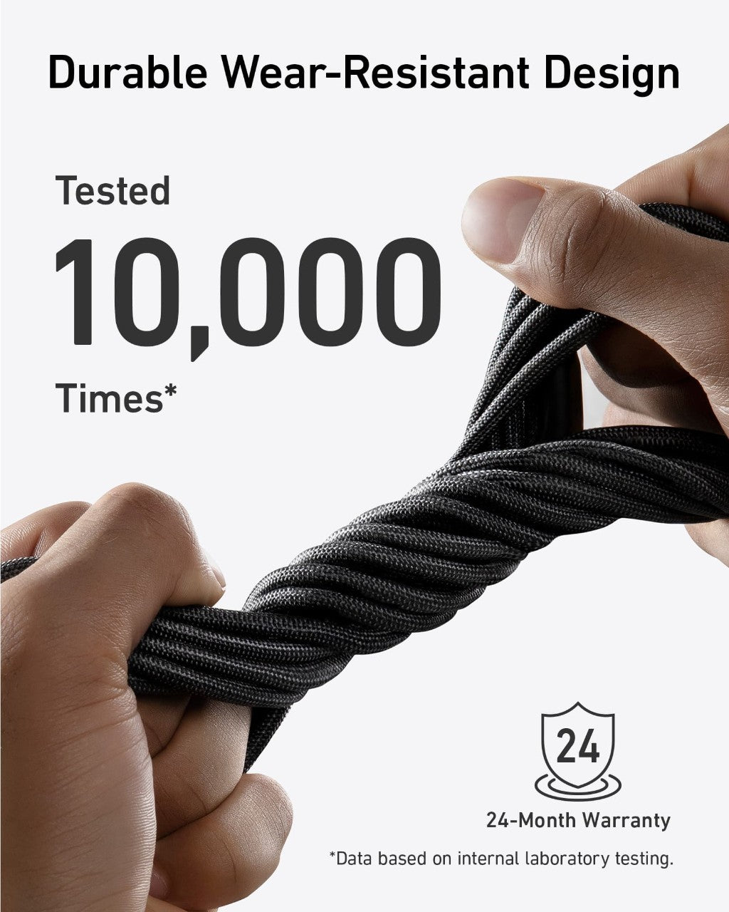 Two hands pulling on a durable rope with text about wear-resistance testing and warranty.