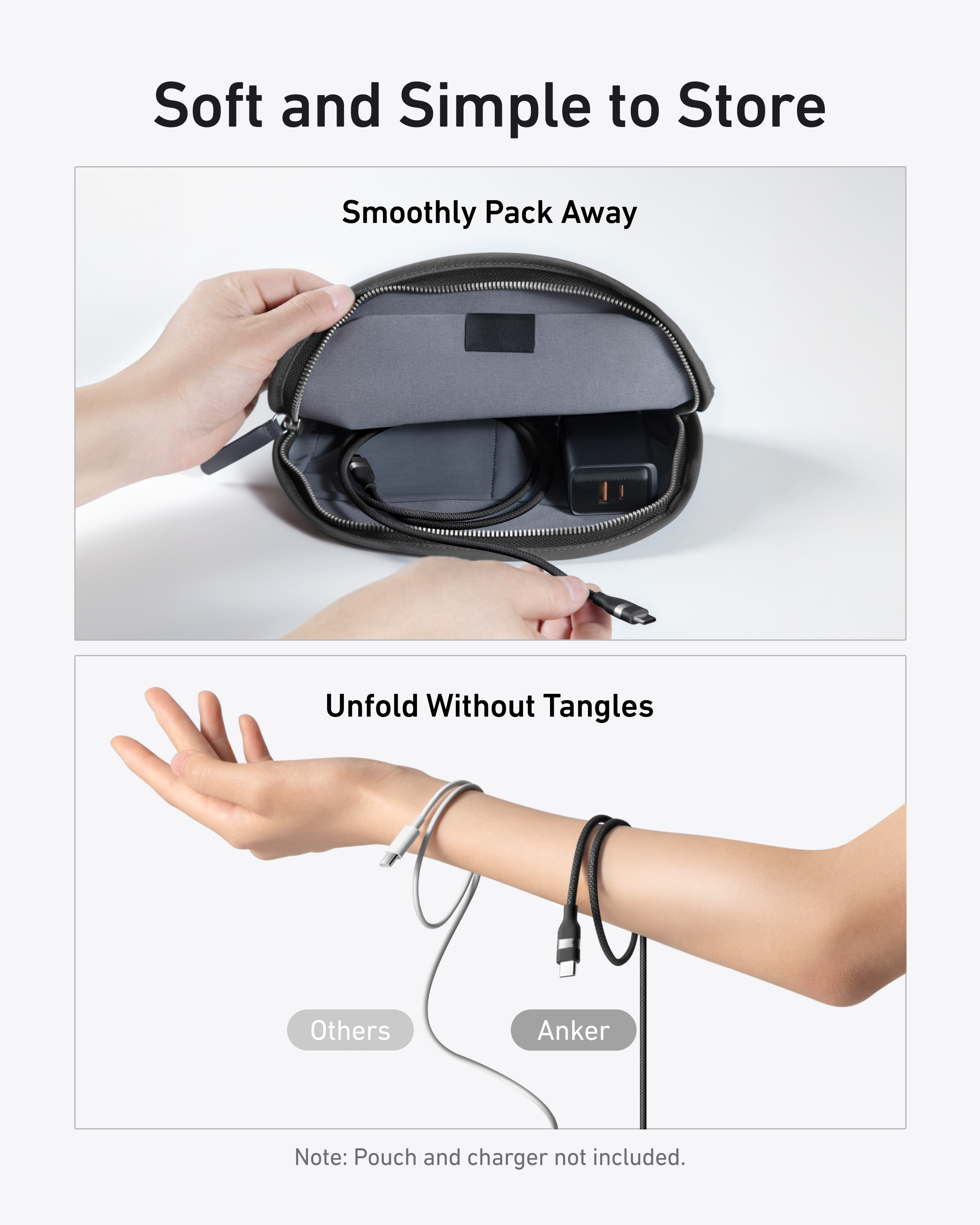 Product packaging with text 'Soft and Simple to Store' and 'Smoothly Pack Away'.