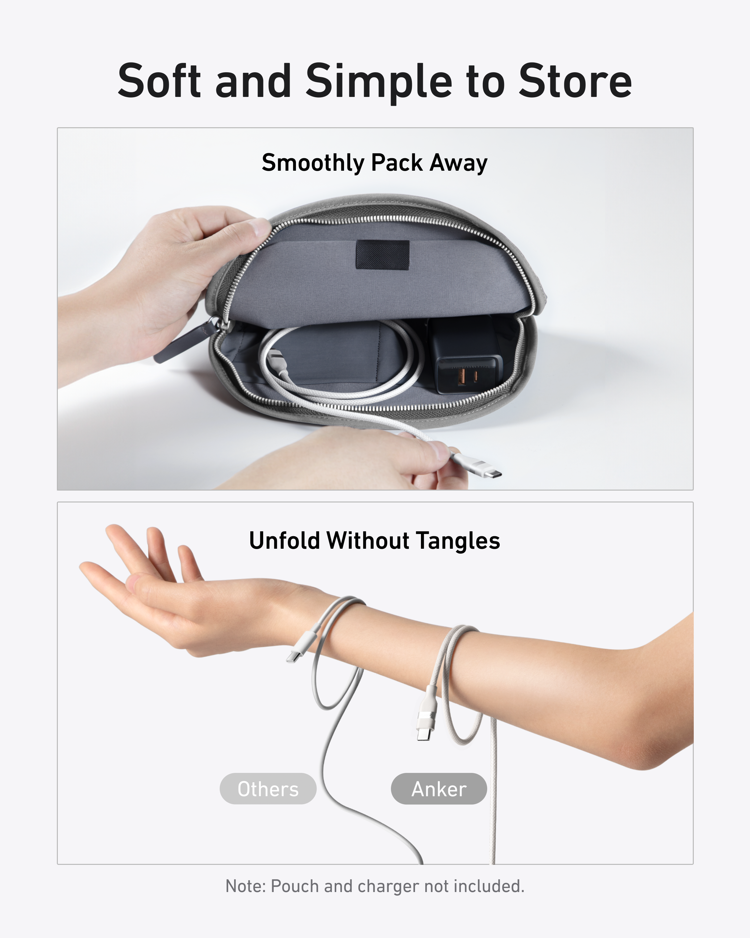 Pouch being packed with a device, showing how it smoothly fits and can be unfolded without tangling, with text indicating ease of storage and use.