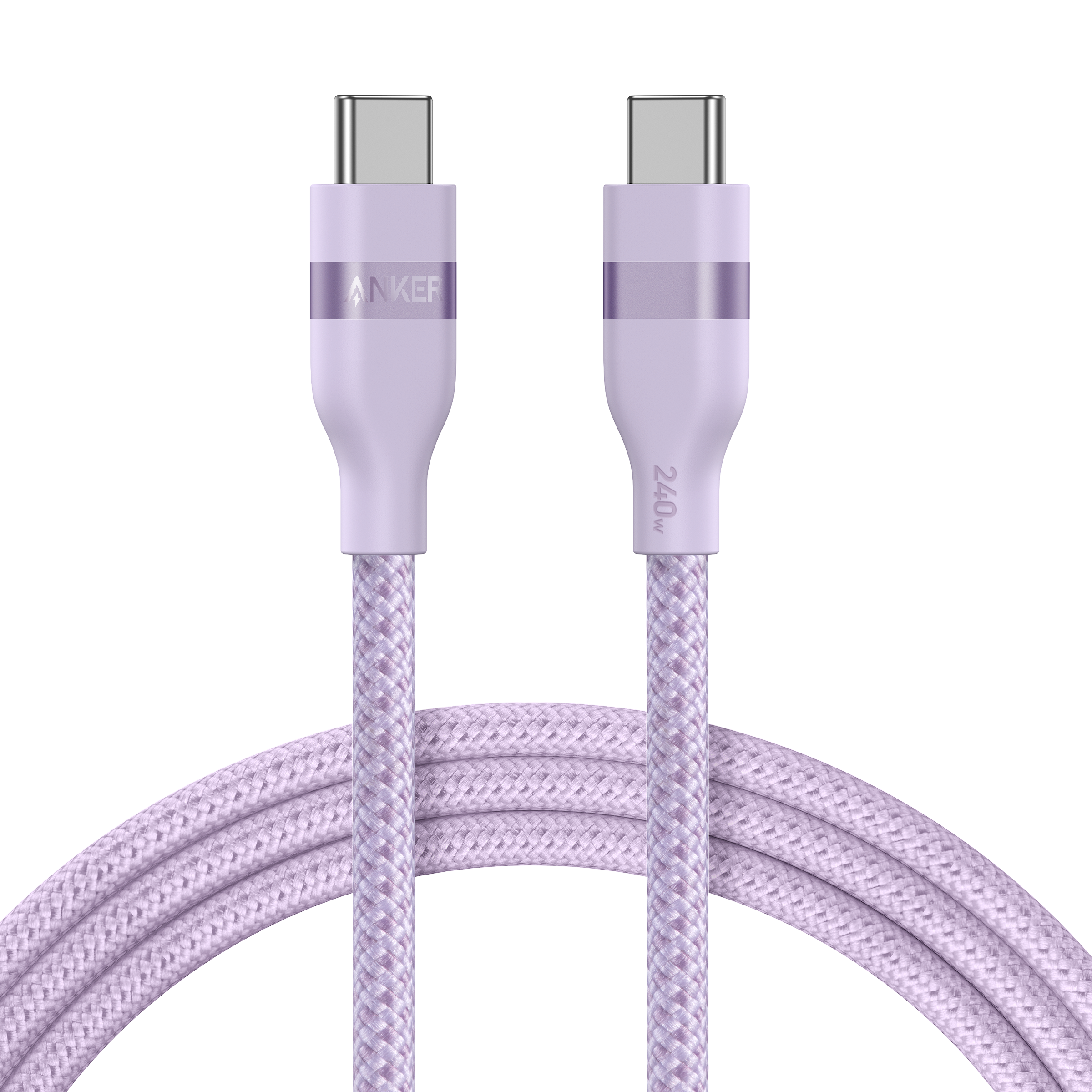 Purple USB cable with braided design on a white background