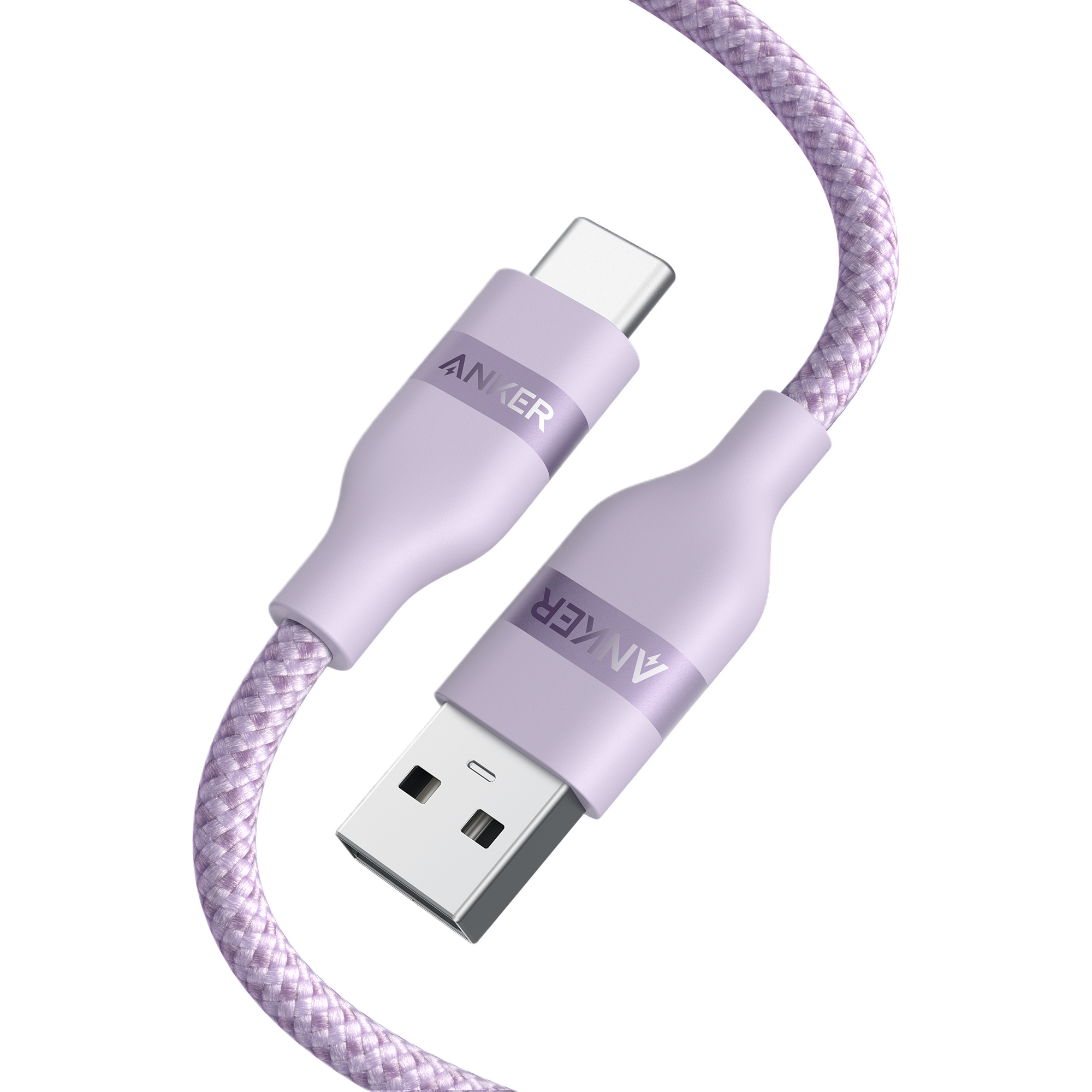 Purple Anker USB cable on a white background