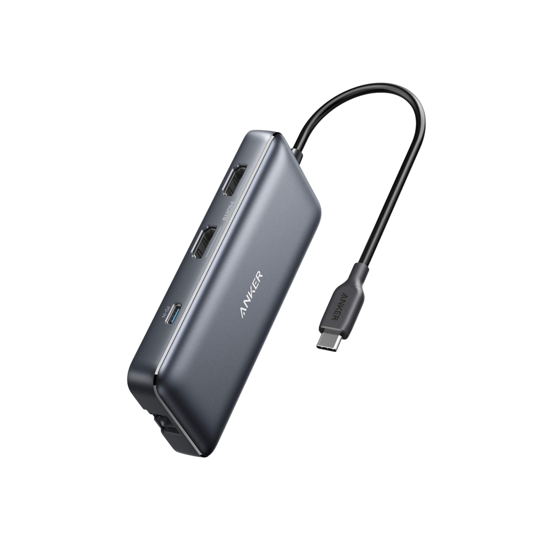 Gray USB hub with multiple ports and a cable on a white background