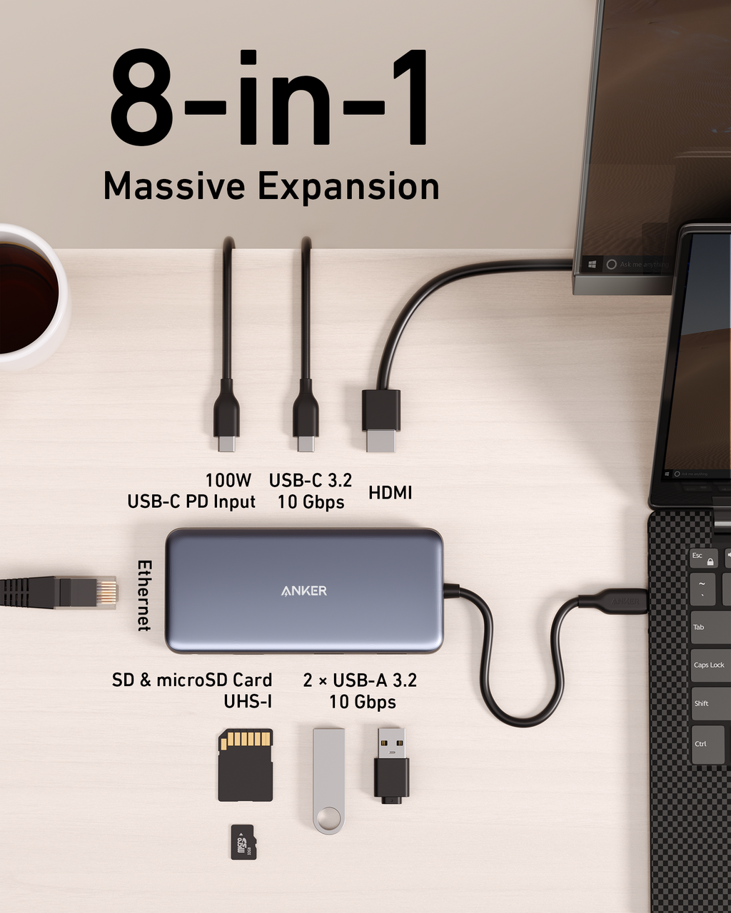 Anker 8-in-1 device with multiple ports on a desk setup.