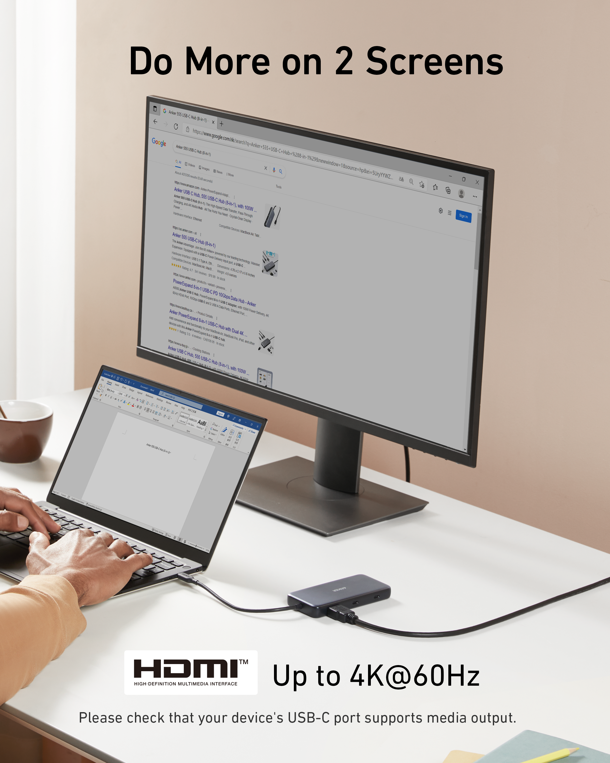 Two computer screens displaying different applications with a laptop and HDMI adapter on a desk.