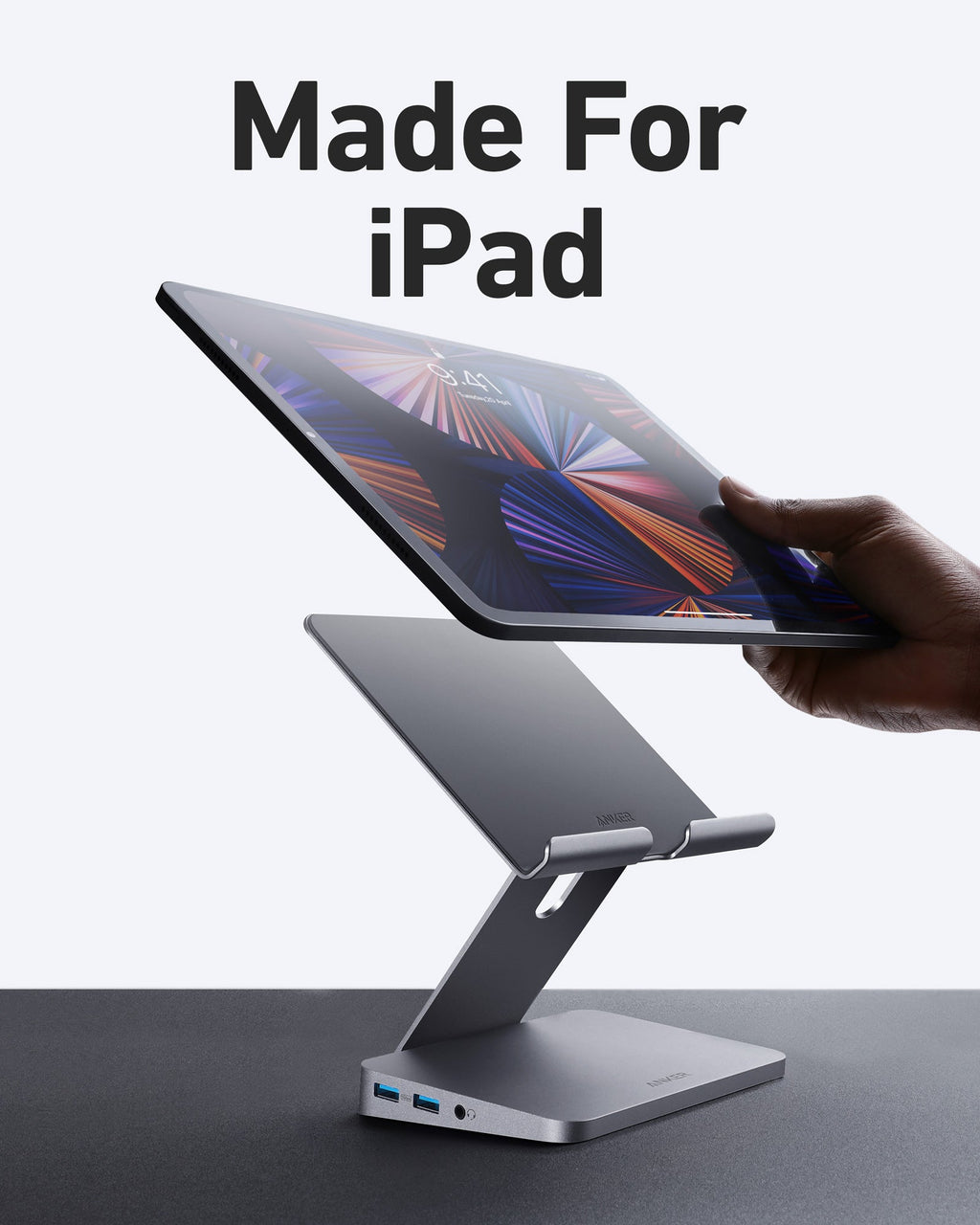 Tablet stand holding an iPad with 'Made for iPad' text on a white background