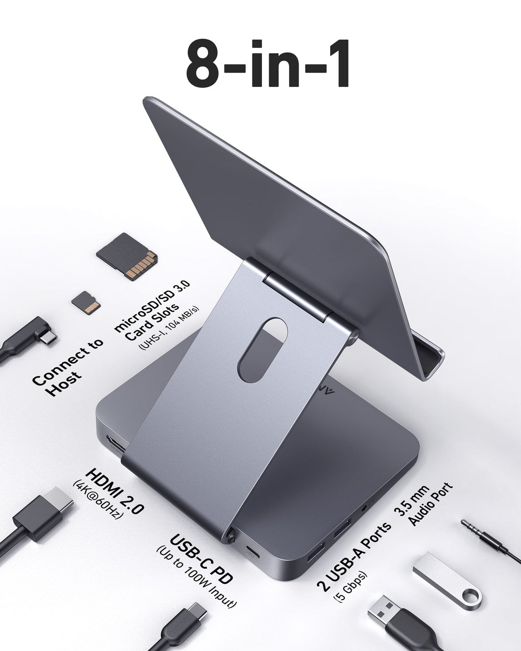 8-in-1 device with multiple ports and connectors on a white background