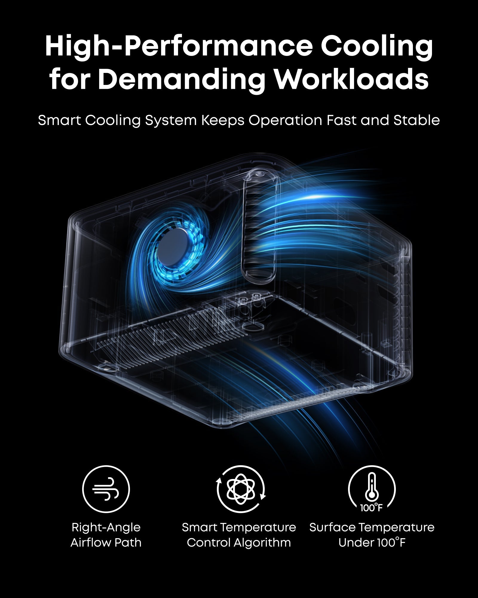 High-performance cooling system with blue airflow on a black background