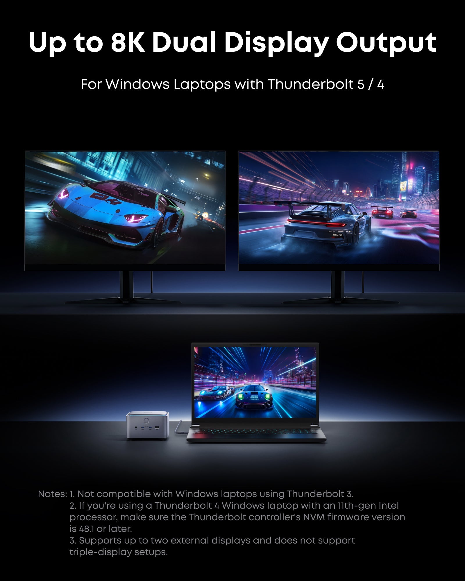 Advertisement for dual display output feature on Windows laptops with Thunderbolt 5/4, showing two monitors and a laptop.