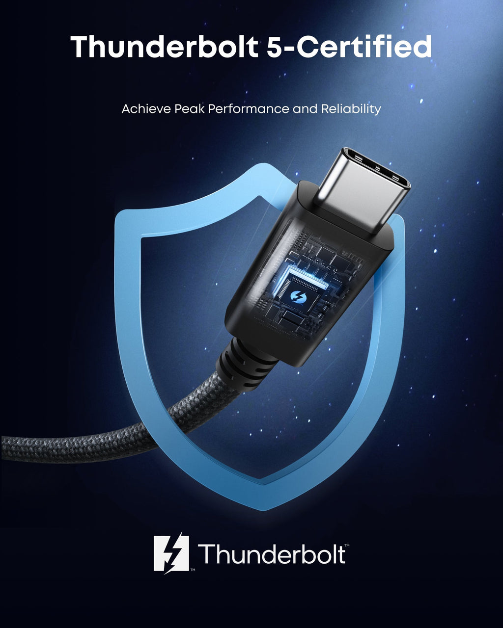 Thunderbolt 5-certified cable with a shield graphic on a dark blue background