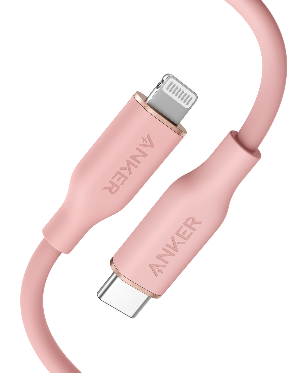 Pink Anker cable with multiple connectors on a white background