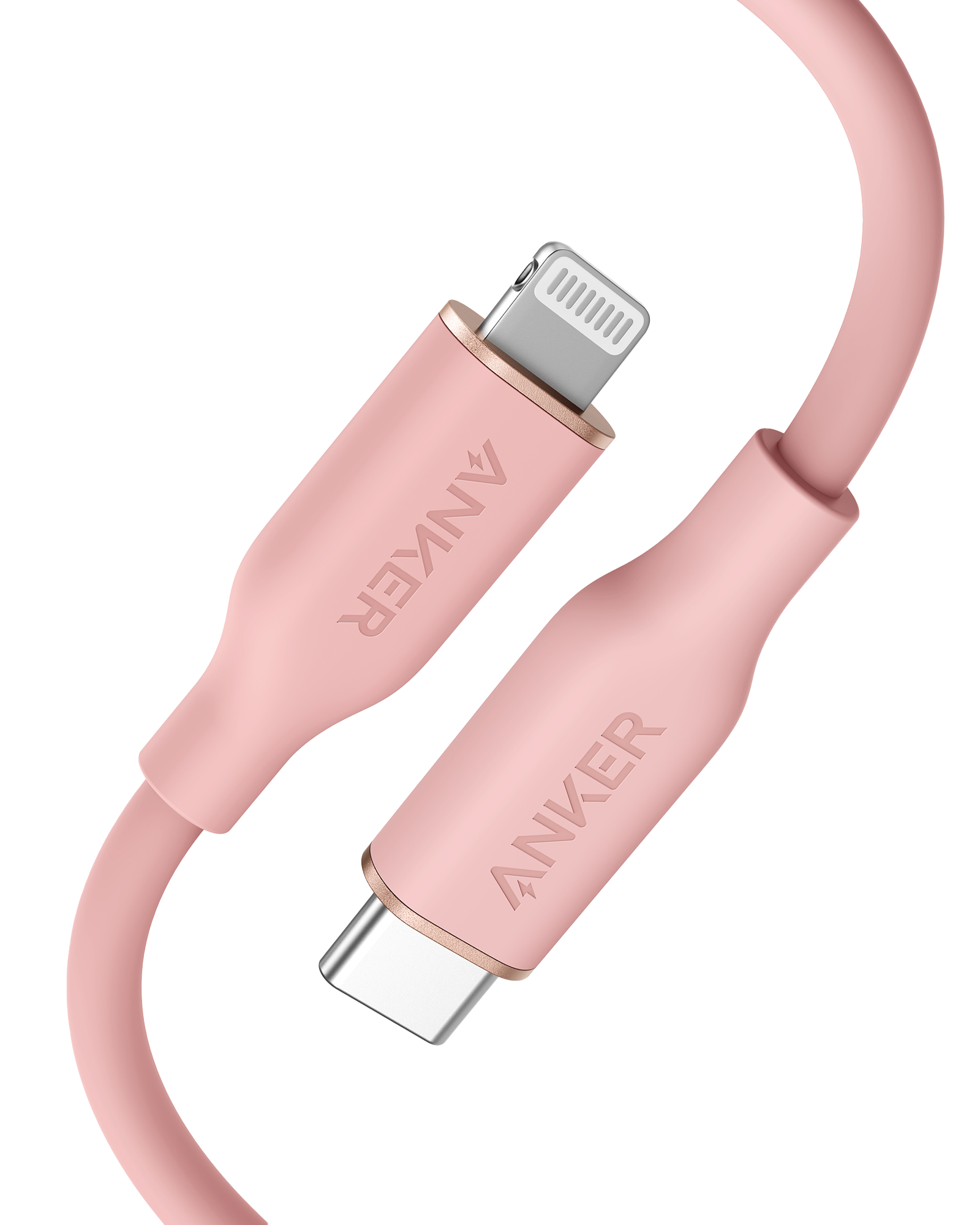 Pink Anker cable with multiple connectors on a white background