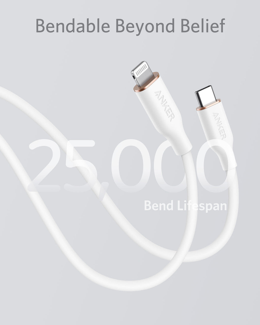 Bendable cable with two connectors on a light gray background