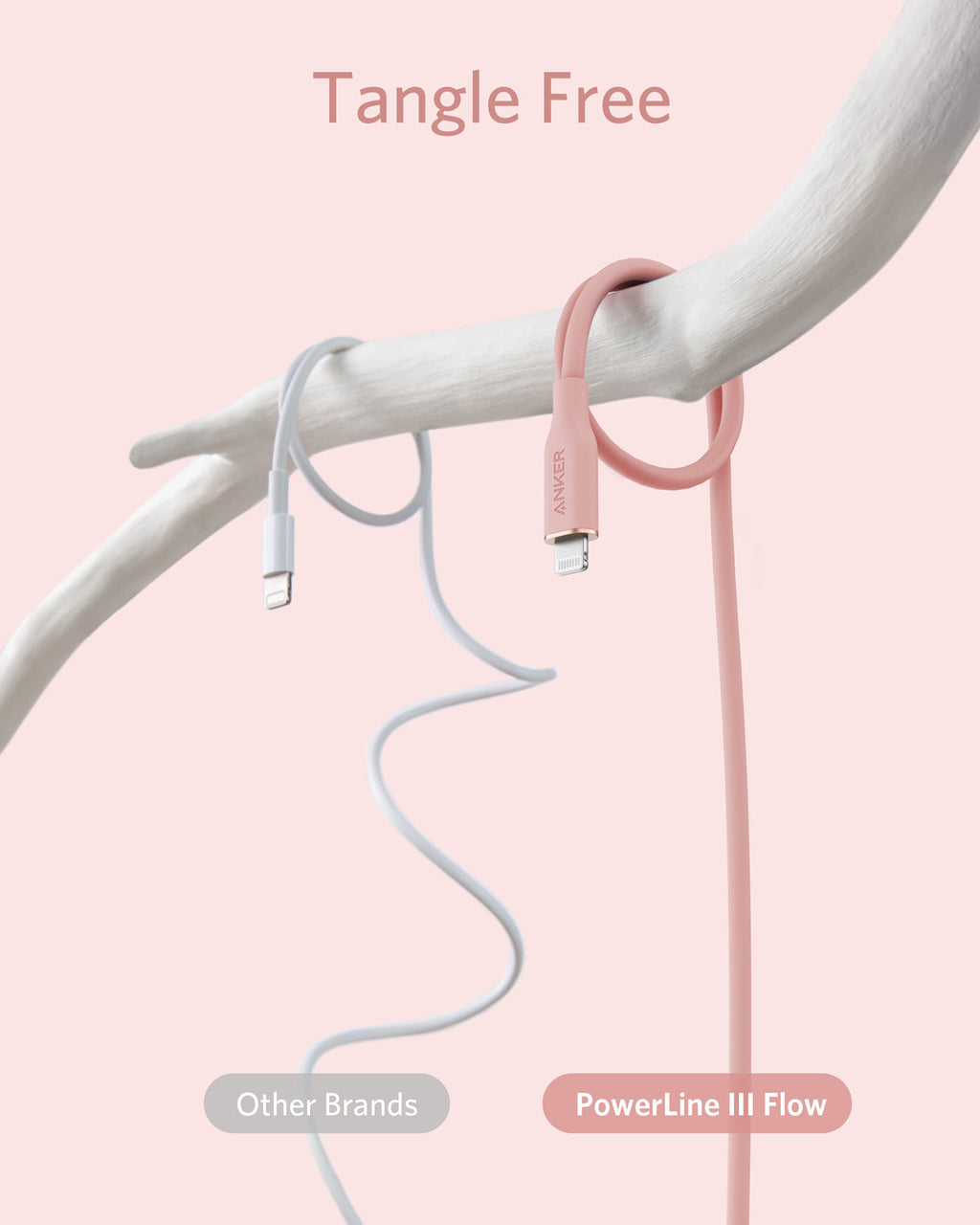Two cables, one labeled 'Other Brands' and the other 'PowerLine III Flow', draped over a branch with 'Tangle Free' text above.