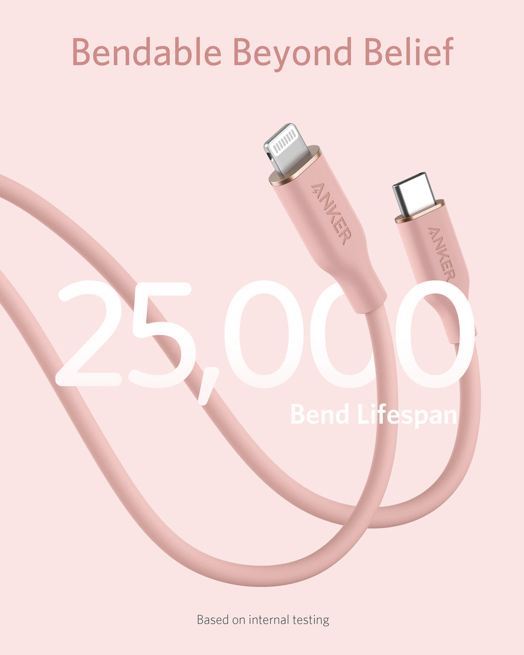 Anker cable with 'Bendable Beyond Belief' text and '25,000 Bend Lifespan' on a pink background