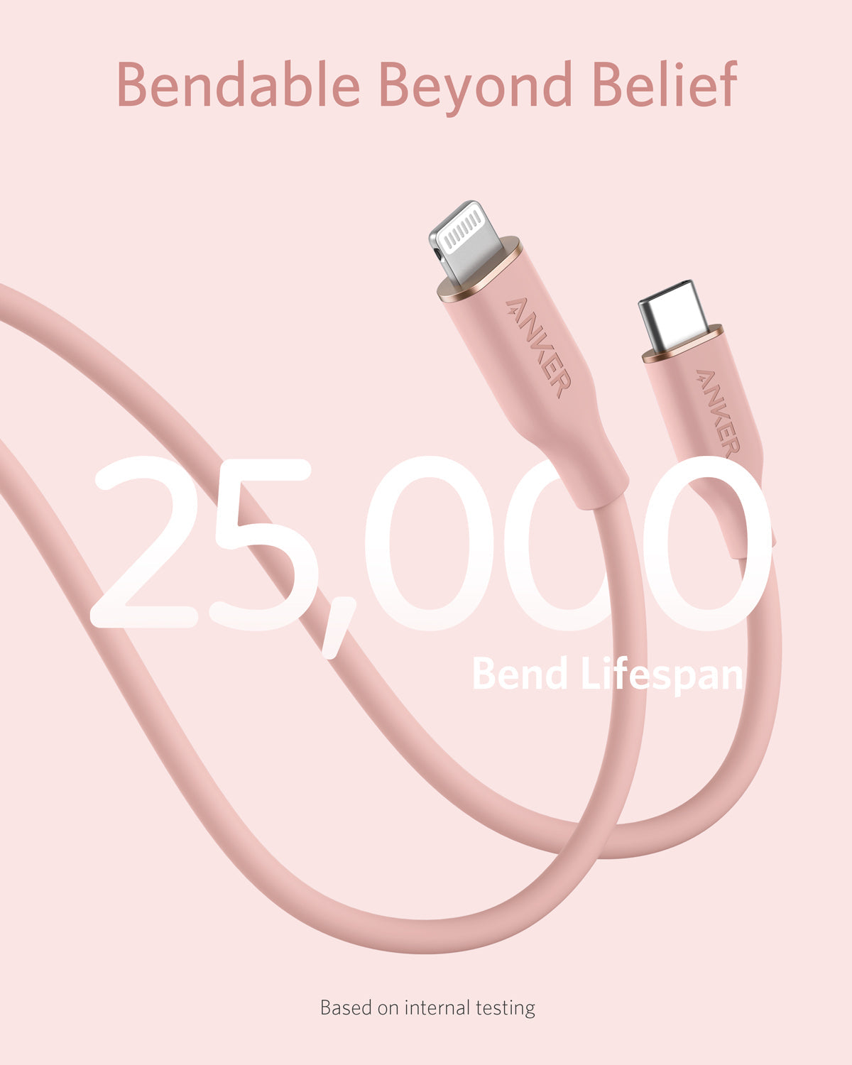 Anker cable with 'Bendable Beyond Belief' text and '25,000 Bend Lifespan' on a pink background