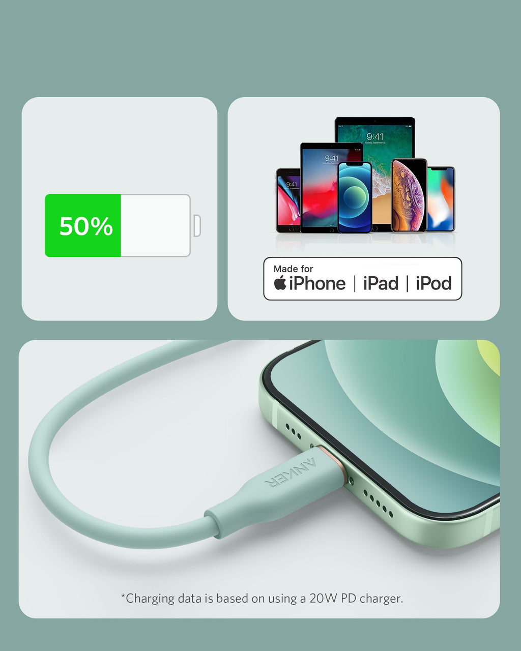 Phone cable with charging indicator and 'Made for iPhone/iPad/iPod' label on a light gray background