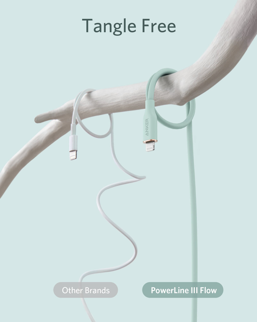 Mint green cable labeled 'PowerLine III Flow' on a light blue background with 'Tangle Free' text.