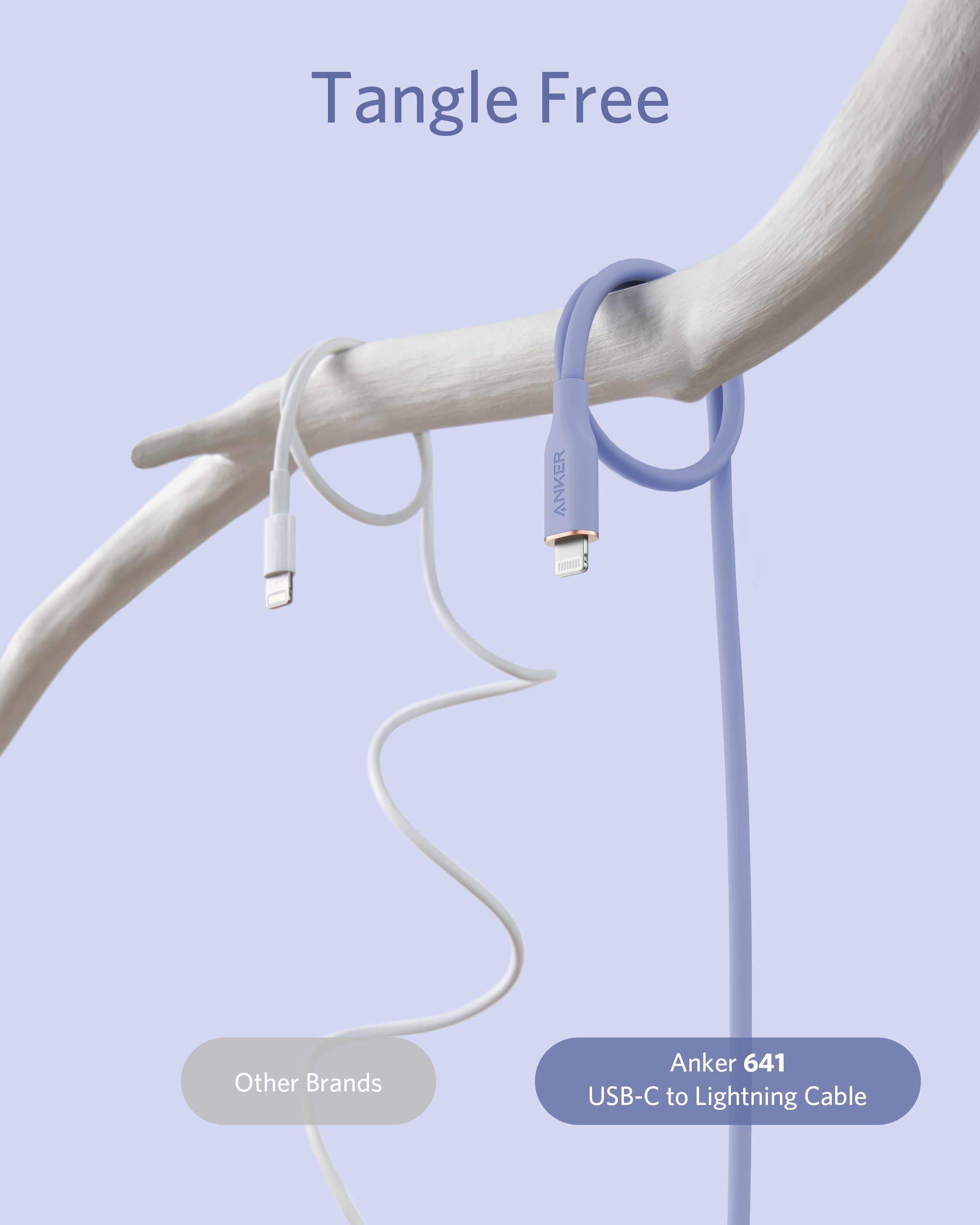 Anker 641 USB-C to Lightning cable on a branch with 'Tangle Free' text and branding.