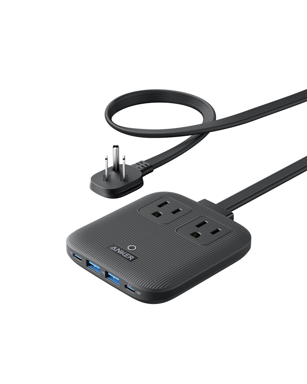 Black power strip with multiple outlets and USB ports on a white background