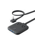 Black power strip with multiple outlets and USB ports on a white background