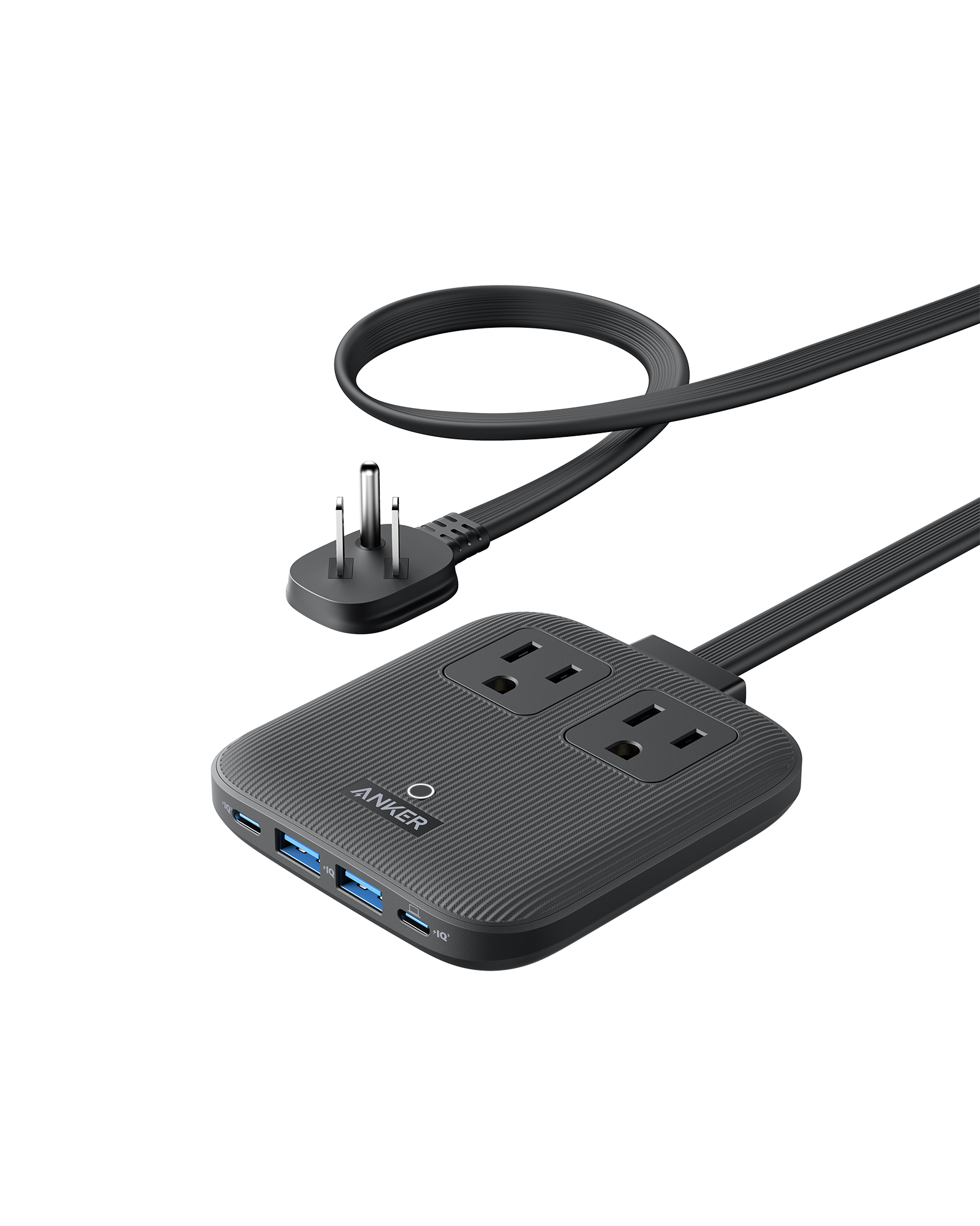 Black power strip with multiple outlets and USB ports on a white background