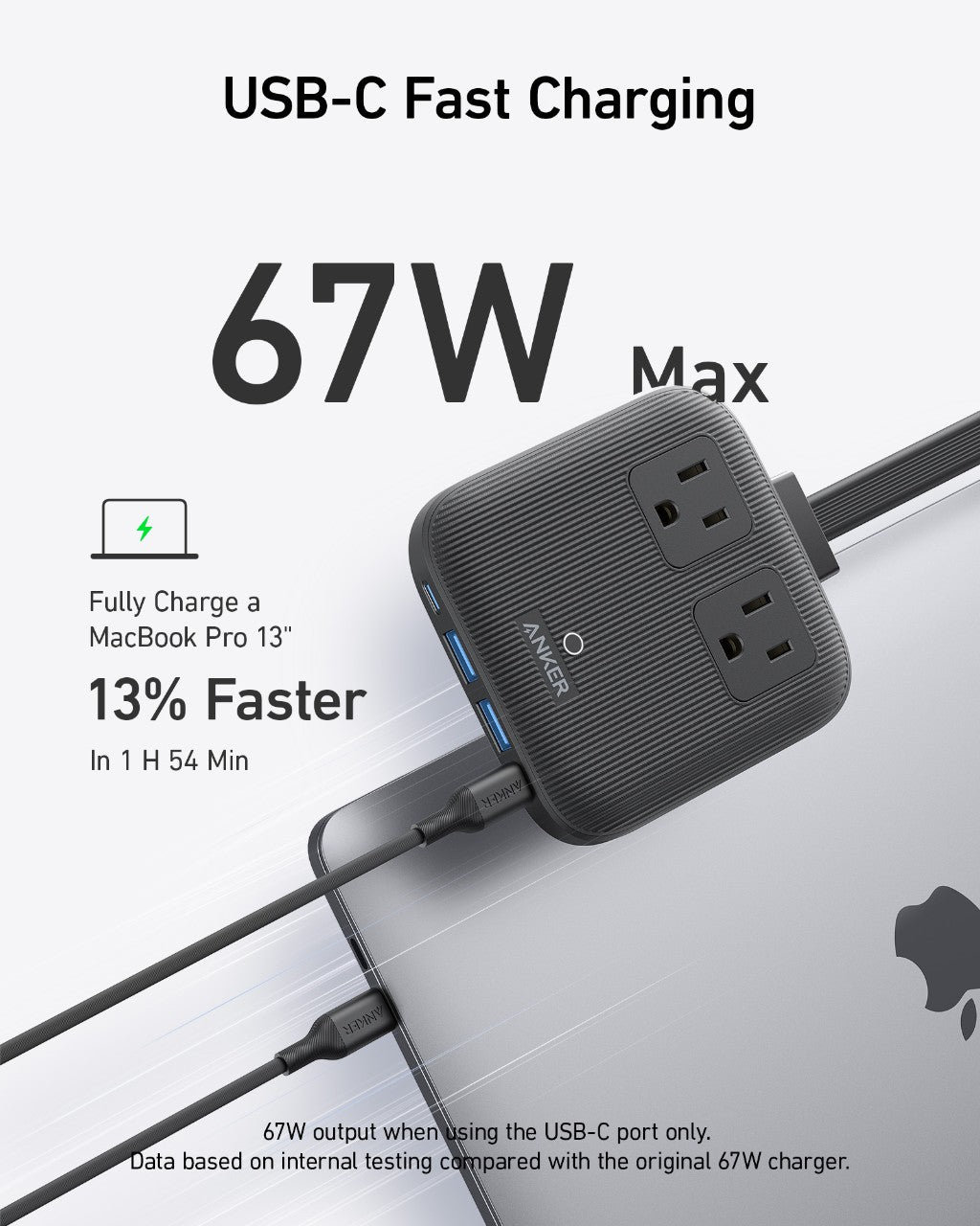 Anker USB-C fast charging adapter with MacBook Pro 13" on a white background