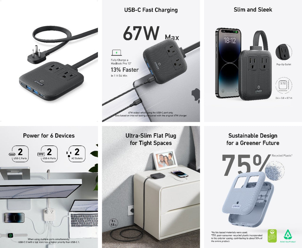 Collage of a power adapter with USB-C fast charging, slim design, and sustainability features.