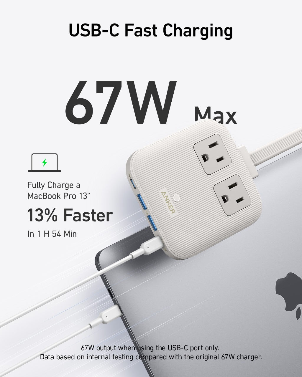 USB-C fast charging adapter with text highlighting 67W max output and charging a MacBook Pro.