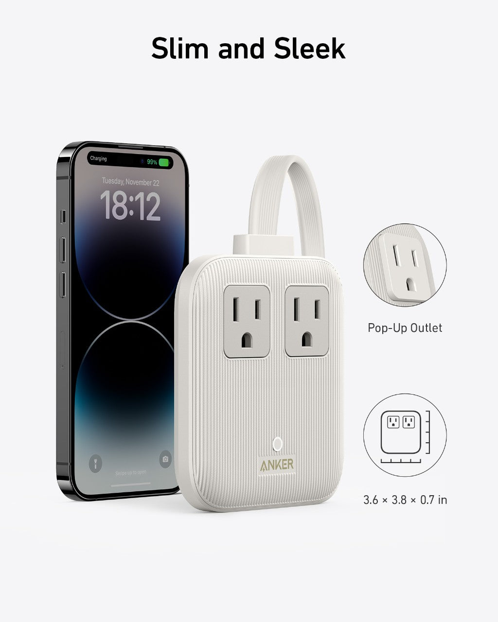 White power strip with pop-up outlet next to a smartphone, labeled 'Slim and Sleek'.