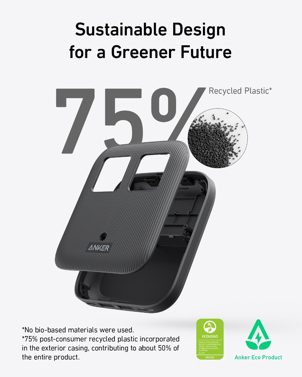 Black phone case with recycled plastic content and Anker branding on a white background
