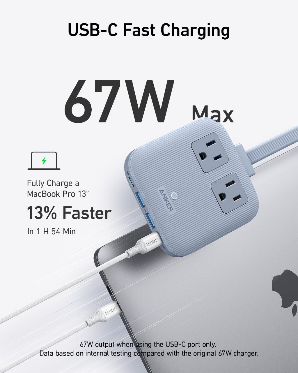 USB-C fast charging adapter with power cable connected to a laptop, featuring Anker branding.